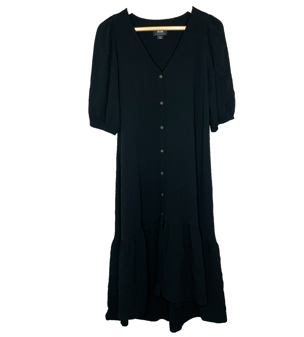 Women's XS Maeve Black Button Front Drop Hem Midi Sundress Textured
